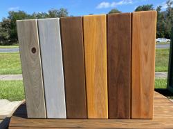  We offer several stock stain colors for your handcrafted furniture.
From Left to Right:
1.  Weathered Cypress***
2.  Coastal Gray
3.  Brown
4.  Natural
5.  Redwood
6.  Cedar

If you choose Weathered Cypress, there will be an additional charge of 15% based on the price of the piece of furniture.  There are 3 steps required for proper processing of this stain.
If you prefer any other stain color, the additional cost will be added to your invoice.